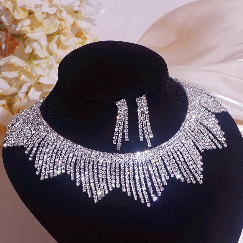 Sparkling Rhinestone Necklace Earrings Set for Women Silver Color Elegant Crystal Choker Necklace Bridal Wedding Jewelry Set