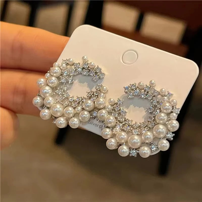 FTCY Vintage Imitation Pearl Stud Earrings for Women Geometric C-Shape Irregular Big Pearl Hoop Earrings Women's Party Jewelry