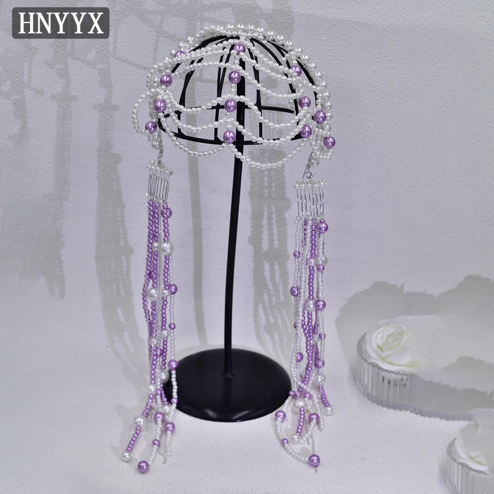 HNYYX Pearl Wide Hair Hoop Korean Popular Headband Alloy Double Row Hairband Party Fashion Hair Accessories