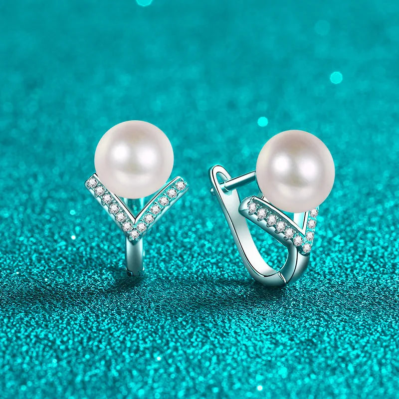 S925 Pure Silver Natural Freshwater 8mm Pearl Moissanite Party Earrings for Women