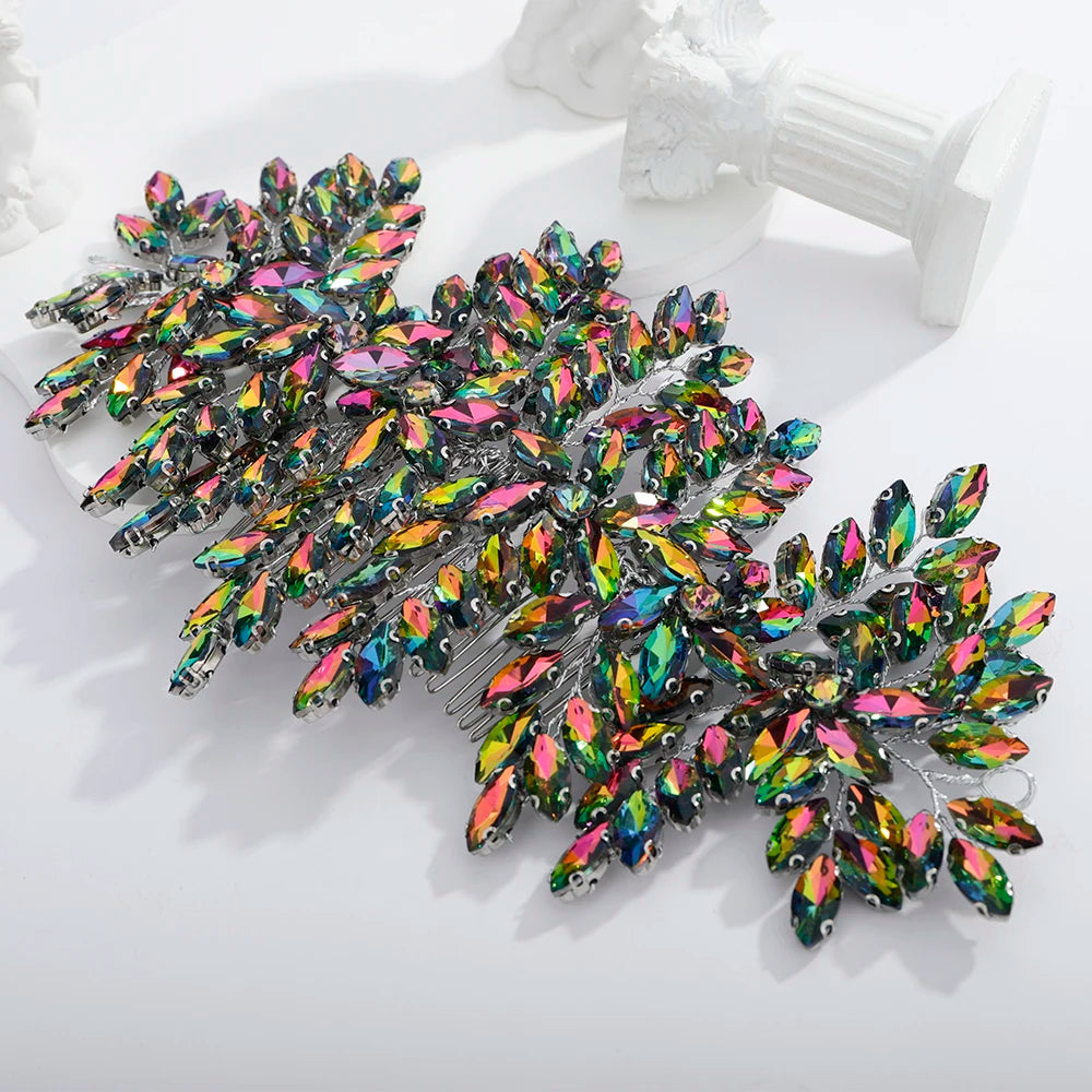 Green Rhinestone Bridal Hair Comb Headpiece Red Handmade Wedding Hair Accessories Party Jewelry Tiara for Women Girls Headdress