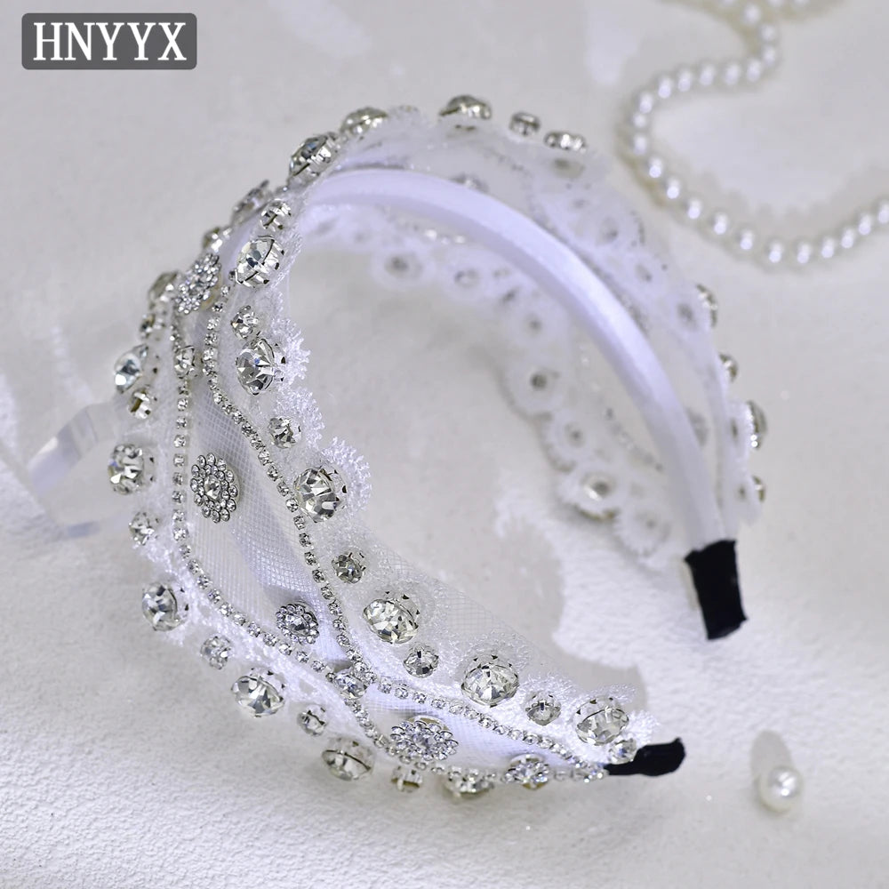 HNYYX Pearl Wide Hair Hoop Korean Popular Headband Alloy Double Row Hairband Party Fashion Hair Accessories