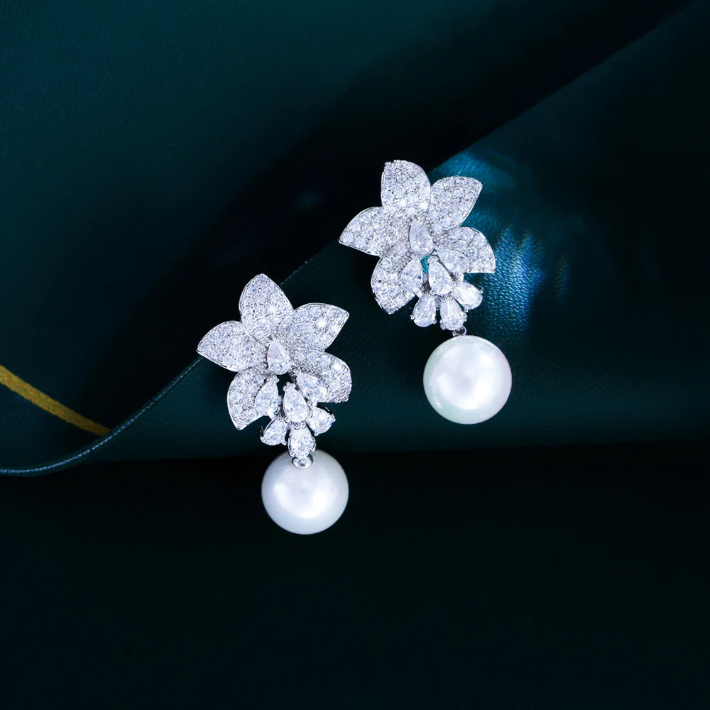Pera Graceful Flower Charm White Cubic Zirconia Long Dangly Pearl Drop Earrings for Women Fashion Bridal Wedding Jewelry