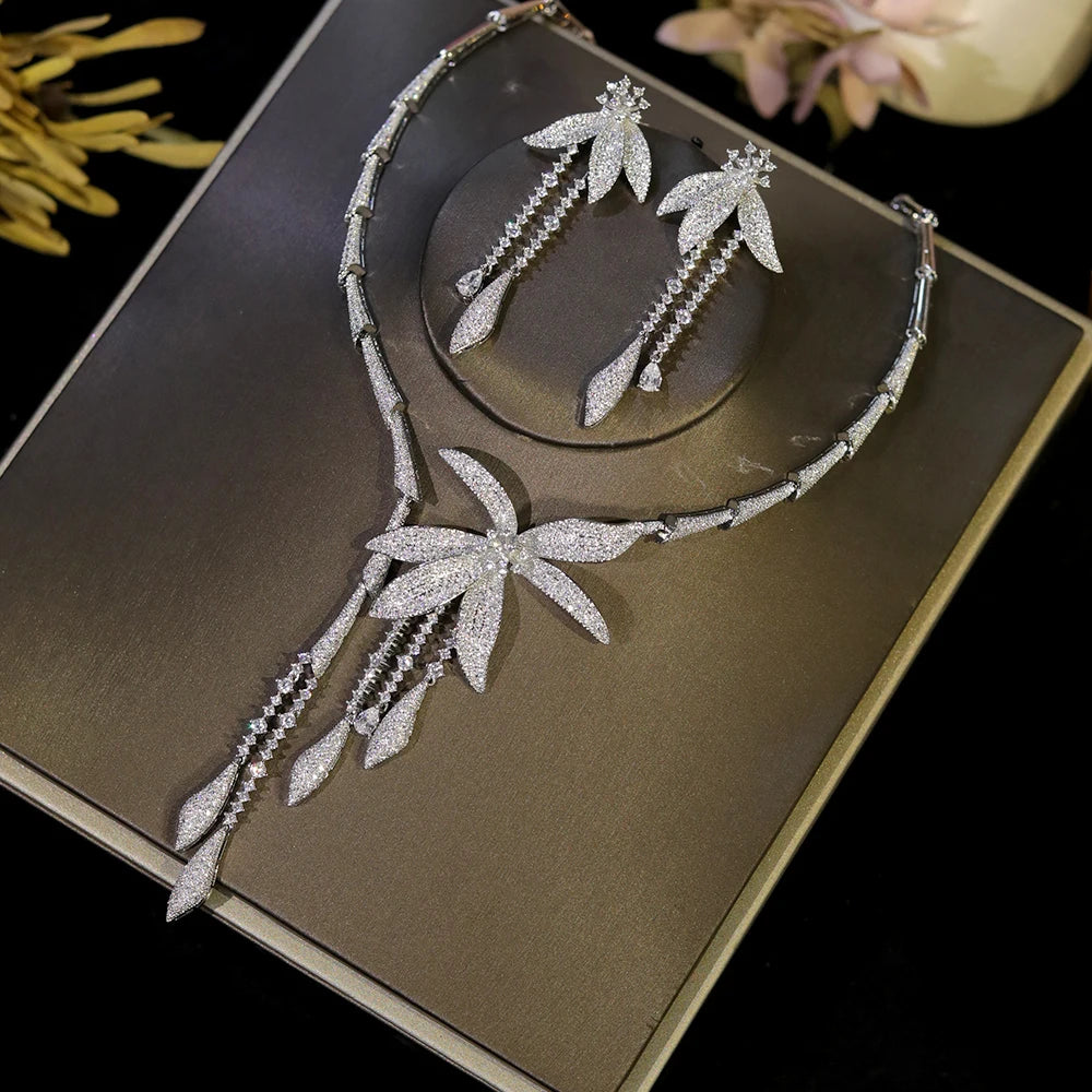 Luxury Wedding Party Zircon Flower Necklace Set Bridal Jewelry Women conjunto collar y pendientes conjuntos femininos elegantes