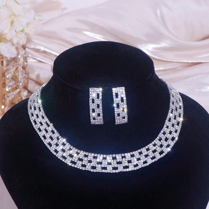 Sparkling Rhinestone Necklace Earrings Set for Women Silver Color Elegant Crystal Choker Necklace Bridal Wedding Jewelry Set