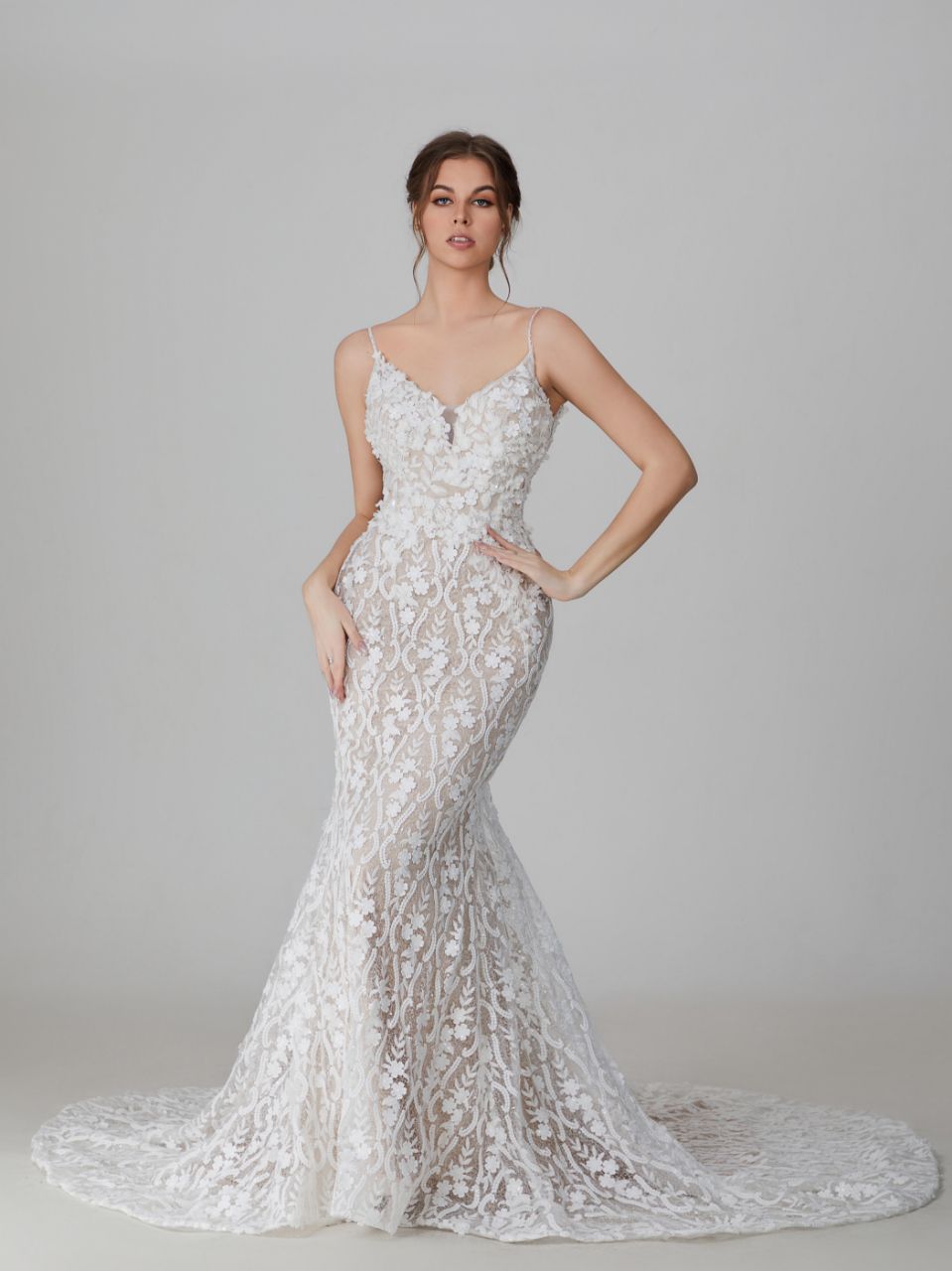 Elegant Spaghetti Straps V-Neck 3D Flowers Mermaid Wedding Dress with Long Train