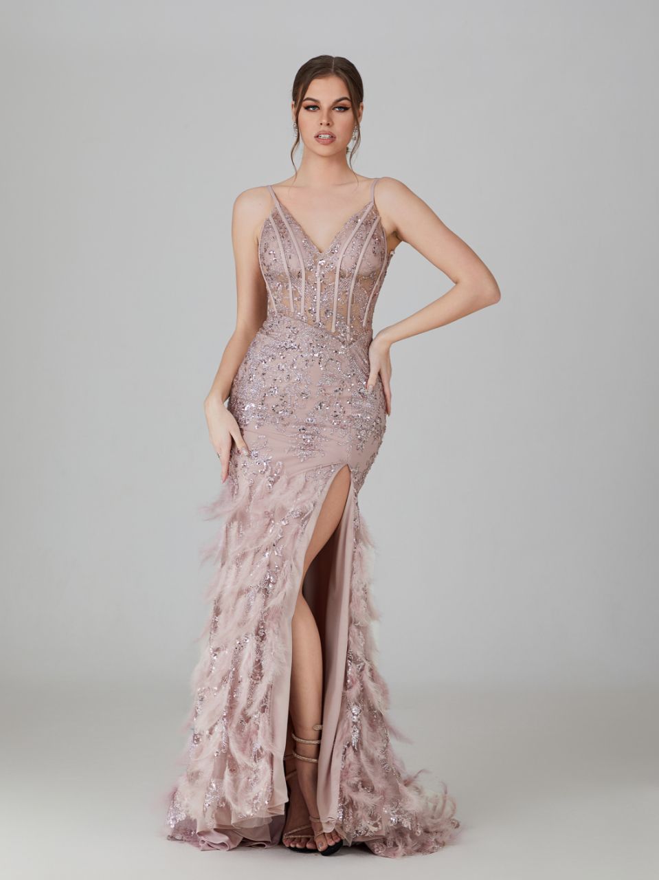 Radiant Opulence Feathered Sequin Mermaid Gown